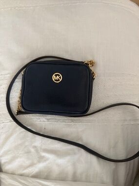 Mini Michael Kors Navy Leather Crossbody with Gold MK Emblem